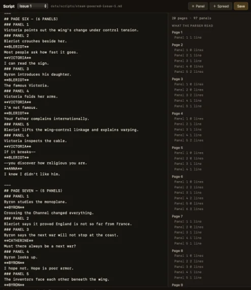 The script editor, with a page-and-panel breakdown alongside the script