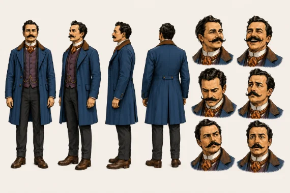 A character model sheet: four turnaround views and six expressions